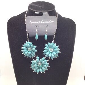 Accessory Connection Teal Floral Beaded Statement Matinee Necklace & Earring Set